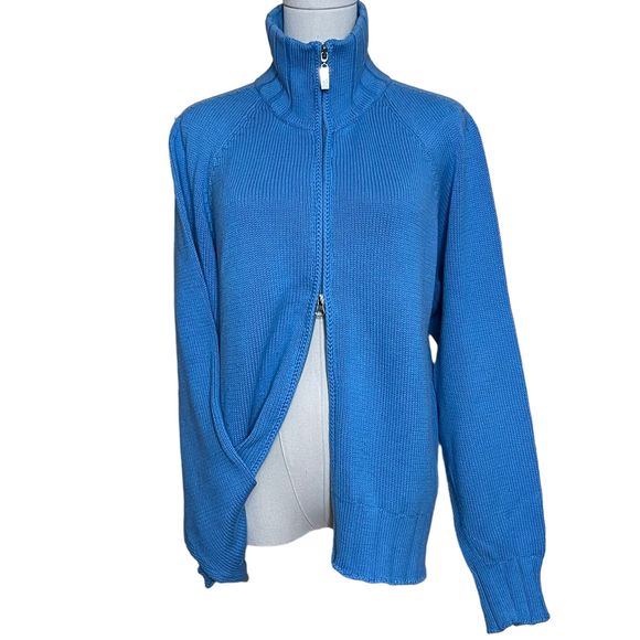 Vintage ALPS Knit Full Zip Sweater Cardigan Women's L Blue 100% Cotton High Neck - Picture 5 of 10